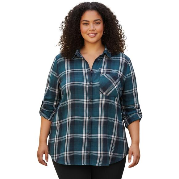 Rustic Grunge Plaid Button Down Shirt Women's Plus Size 2XL Flannel Cabin Core - Picture 1 of 11